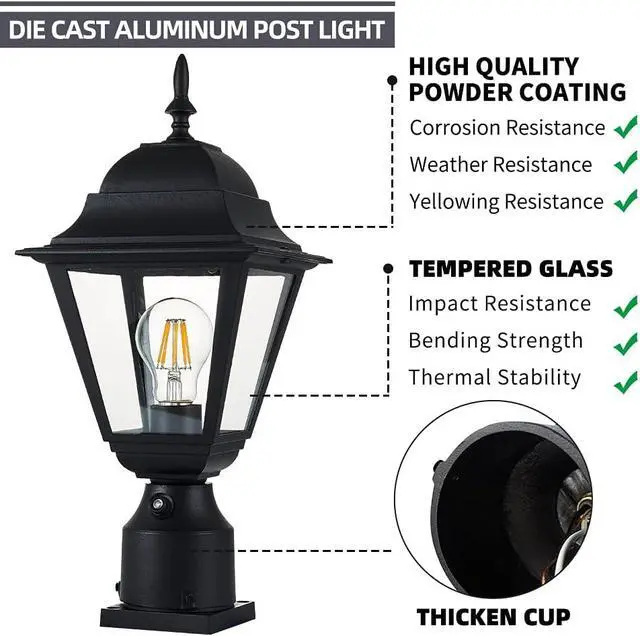 Alt view image 2 of 6 - Windben Dusk to Dawn Outdoor Post Light,Waterproof Cast Aluminium Lamp Post Light Fixture,Post Lantern with Pier Mount Base,Matte Black,16.5in,Suitable for Garden,Yard,Driveway,etc