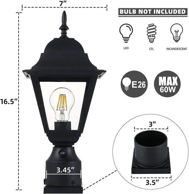 Alt view image 4 of 6 - Windben Dusk to Dawn Outdoor Post Light,Waterproof Cast Aluminium Lamp Post Light Fixture,Post Lantern with Pier Mount Base,Matte Black,16.5in,Suitable for Garden,Yard,Driveway,etc