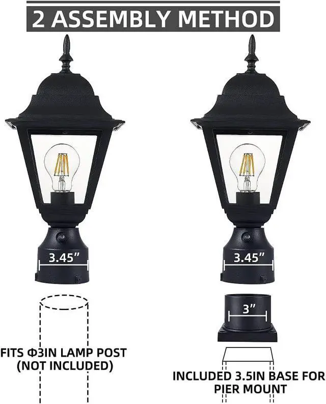 Alt view image 6 of 6 - Windben Dusk to Dawn Outdoor Post Light,Waterproof Cast Aluminium Lamp Post Light Fixture,Post Lantern with Pier Mount Base,Matte Black,16.5in,Suitable for Garden,Yard,Driveway,etc