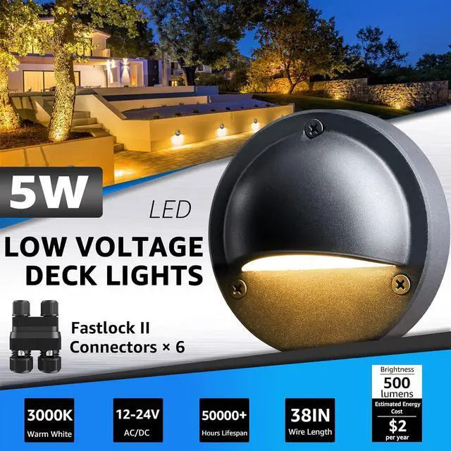 Alt view image 2 of 7 - SUNVIE 5W LED Low Voltage Deck Lights, 12-24V Step Lights Outdoor with Fastlock2 Wire Connectors, Low Voltage Landscape Lighting 3000K Warm White Deck Stair Light Waterproof for Fence Post, 6 Pack