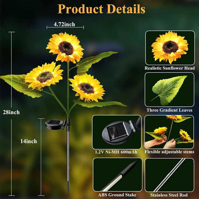 Alt view image 2 of 6 - Garden Lights Solar Powered, 3 Pack Solar Outdoor Lights with 9 Bigger Sunflower Waterproof Realistic Solar Flowers Lights for Patio Pathway Walkway Landscape Yard Decorations
