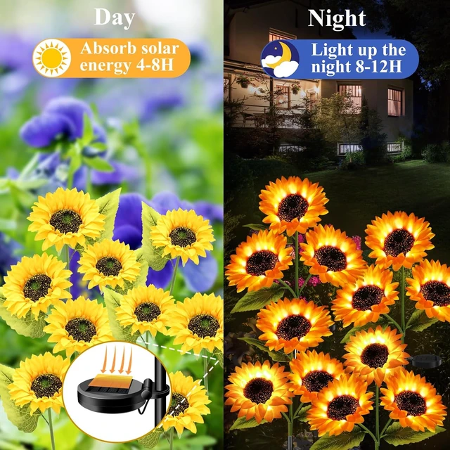 Alt view image 4 of 6 - Garden Lights Solar Powered, 3 Pack Solar Outdoor Lights with 9 Bigger Sunflower Waterproof Realistic Solar Flowers Lights for Patio Pathway Walkway Landscape Yard Decorations