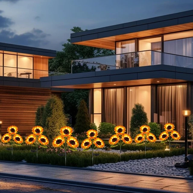 Alt view image 6 of 6 - Garden Lights Solar Powered, 3 Pack Solar Outdoor Lights with 9 Bigger Sunflower Waterproof Realistic Solar Flowers Lights for Patio Pathway Walkway Landscape Yard Decorations