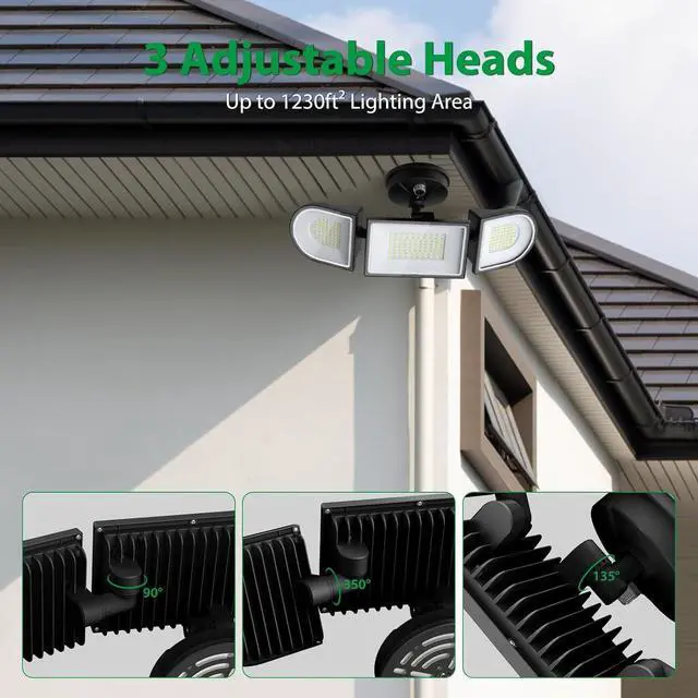 Alt view image 6 of 7 - iMaihom 100W Dusk to Dawn Outdoor Lighting, 9000LM LED Flood Lights Outdoor, 3 Adjustable Heads Security Lights with Photocell, IP65 Waterproof 6500K Floodlights for Yard Garage Patio