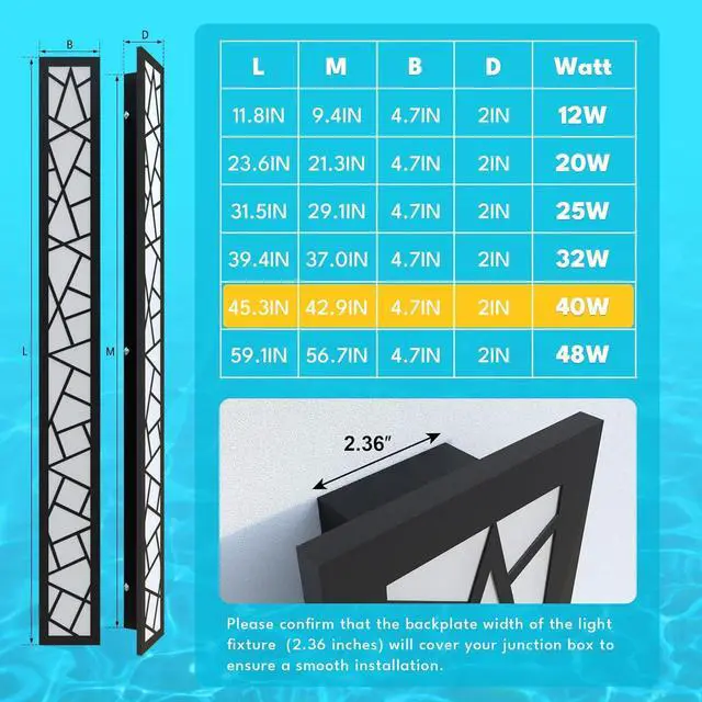 Alt view image 2 of 7 - Outdoor Wall Lights 45.3inch Modern Outdoor Wall Sconce LED Long Wall Sconces Black Front Porch Light Waterproof Led Wall Light IP67 3000K Exterior Lighting fixtures