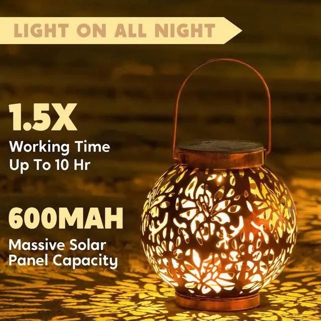 Alt view image 4 of 7 - JOIEDOMI 2 Pack Outdoor Solar Hanging Lantern Lights, Waterproof Tabletop with Handle, LED Moroccan Lanterns, Metal Decorative Garden Solar Lights Spring for Patio, Lawn, Porch, Backyard