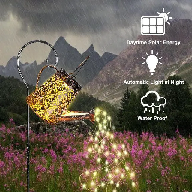 Alt view image 4 of 6 - Solar Watering Can Lights with Cascading Lights,Solar Lantern Light Outdoor,Large Hanging Solar Powered Lantern Outdoor,Garden Porch Patio Yard Decor,Gardening Gifts for Women
