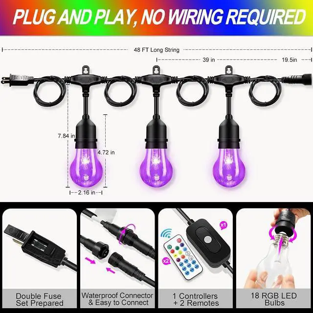 Alt view image 6 of 7 - 48FT Outdoor RGB String Lights, 16 Shatterproof Edison Bulbs, Dimmable Color Changing Patio Lights with Remote Control. Perfect for Bistro Commercial LED Decorative Lighting