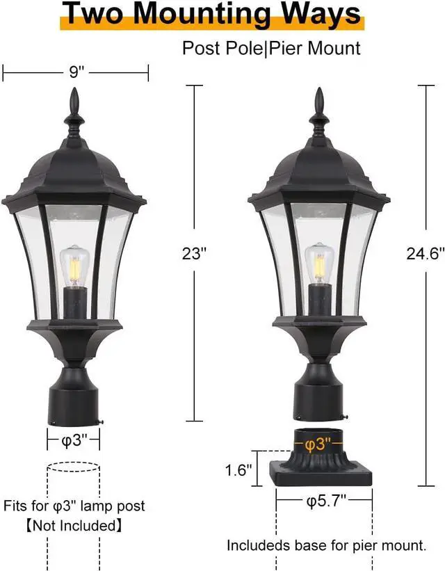 Alt view image 6 of 7 - 24in Large Outdoor Post Lights Aluminum Exterior Lamp Post Mount Lighting with Seeded Glass, Black Outside Gate Post Light Fixture Garden Hardwired Pole Lantern with 3'' Pole Base, 2 Pack