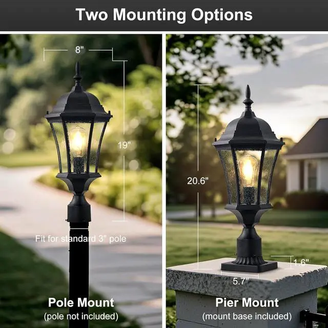 Alt view image 7 of 7 - 24in Large Outdoor Post Lights Aluminum Exterior Lamp Post Mount Lighting with Seeded Glass, Black Outside Gate Post Light Fixture Garden Hardwired Pole Lantern with 3'' Pole Base, 2 Pack