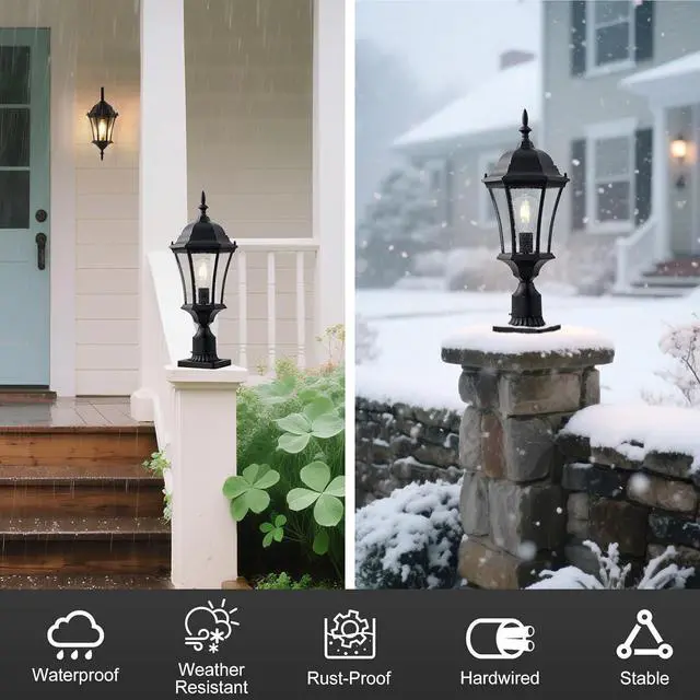 Alt view image 4 of 7 - 24in Large Outdoor Post Lights Aluminum Exterior Lamp Post Mount Lighting with Seeded Glass, Black Outside Gate Post Light Fixture Garden Hardwired Pole Lantern with 3'' Pole Base, 2 Pack