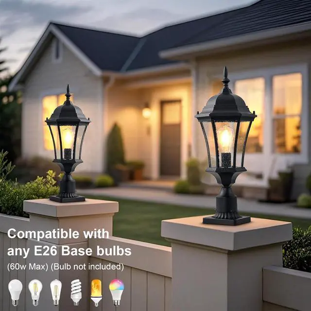 Alt view image 5 of 7 - 24in Large Outdoor Post Lights Aluminum Exterior Lamp Post Mount Lighting with Seeded Glass, Black Outside Gate Post Light Fixture Garden Hardwired Pole Lantern with 3'' Pole Base, 2 Pack