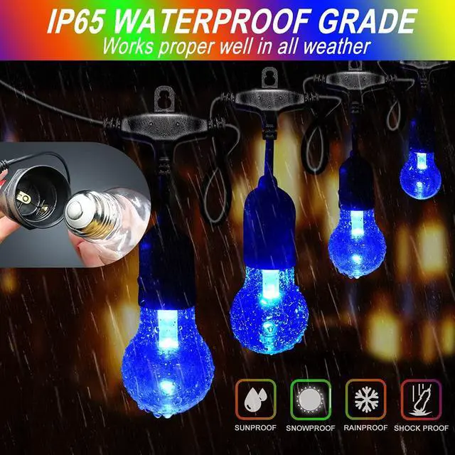 Alt view image 2 of 7 - 96FT Solar Outdoor String Lights, 30 Shatterproof Edison Bulbs, Dimmable Color Changing RGB LED Patio Lights with 2 Remote Controllers. Perfect for Backyard Decorative Lighting