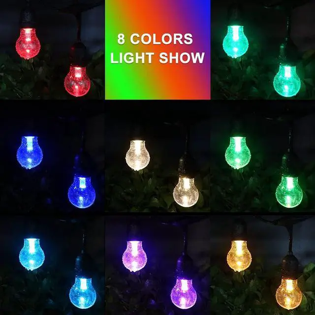 Alt view image 3 of 7 - 96FT Solar Outdoor String Lights, 30 Shatterproof Edison Bulbs, Dimmable Color Changing RGB LED Patio Lights with 2 Remote Controllers. Perfect for Backyard Decorative Lighting