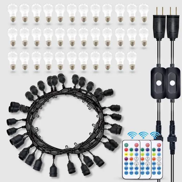 Alt view image 7 of 7 - 96FT Solar Outdoor String Lights, 30 Shatterproof Edison Bulbs, Dimmable Color Changing RGB LED Patio Lights with 2 Remote Controllers. Perfect for Backyard Decorative Lighting