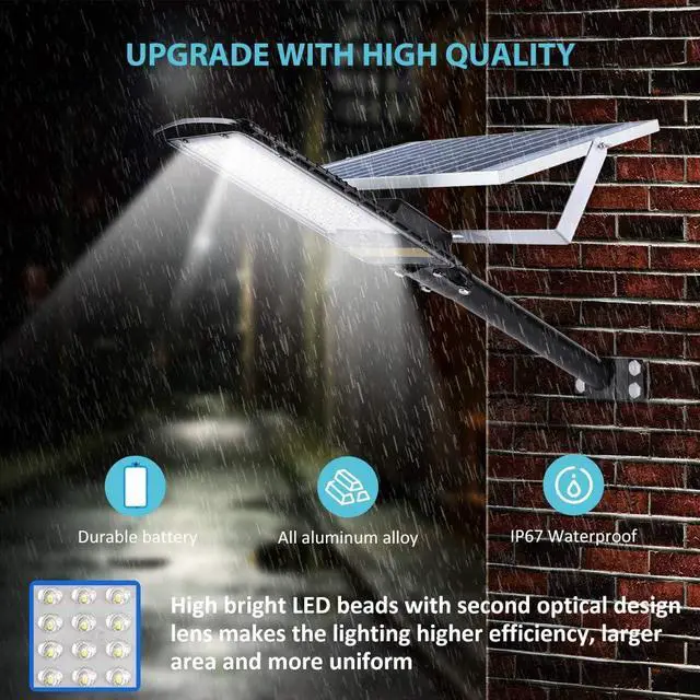 Alt view image 3 of 7 - 9000 Watt Solar Street Lights Outdoor, Dusk to Dawn IP67 Security Led Flood Light Lamp with Remote Control Mounting Pole and Bracket Garden, Street, Court, Parking Lot