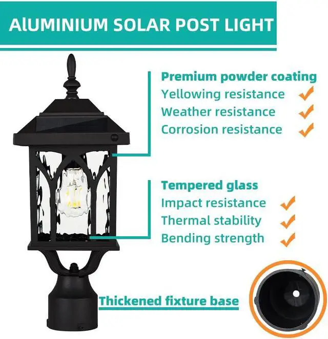 Alt view image 4 of 6 - Solar Lamp Post Light OutdoorSolar Outdoor Post Light with 3.5in Pier Mount BaseMatte BlackSuitable for Wet Locations
