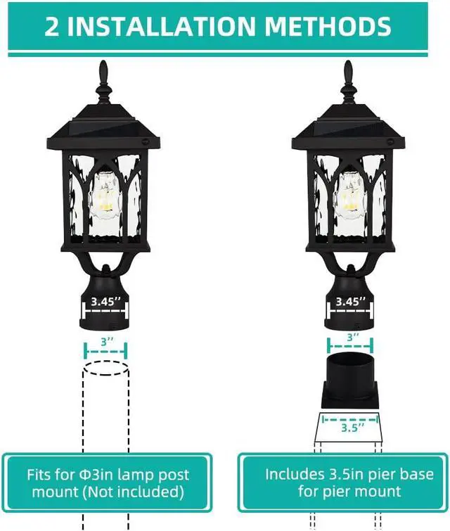 Alt view image 6 of 6 - Solar Lamp Post Light OutdoorSolar Outdoor Post Light with 3.5in Pier Mount BaseMatte BlackSuitable for Wet Locations