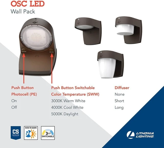 Alt view image 2 of 5 - Lithonia Lighting LED Wall Pack Outdoor Light Fixture, Wall Sconce for Doorways and Garages, 3-in-1 Switchable White Light, 3 Diffuser Options, Dusk to Dawn Photocell, 120V, Bronze