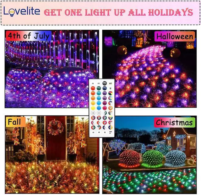 Alt view image 2 of 7 - Lovelite 240 LED Net Lights, Color Changing Halloween Net Lights Outdoor Clear Wire, 14.8ft x 5ft Connectable Purple Orange Mesh Lights for Bushes Christmas Halloween Holiday Wedding Party Decor