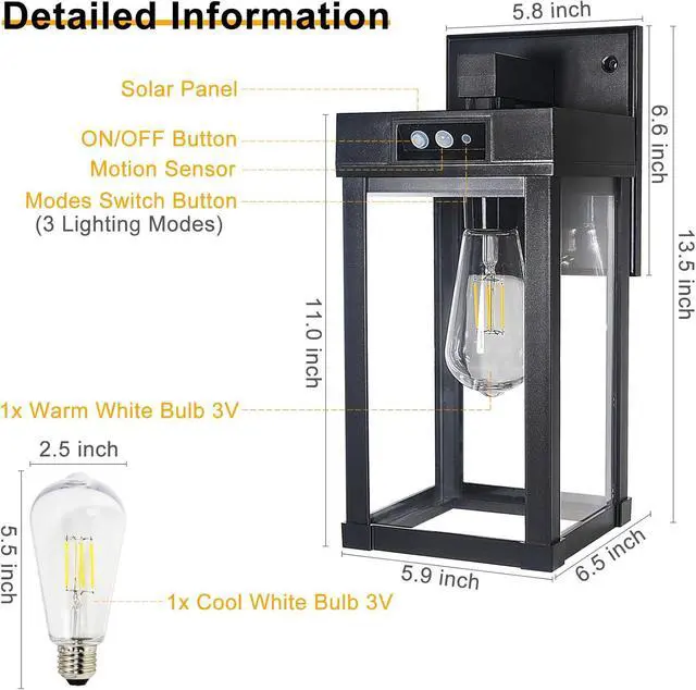 Alt view image 4 of 7 - Solar Wall Lights Outdoor, Solar Sconce Lantern with 3 Lighting Modes & Motion Sensor, Porch Light Fixture Outside Waterproof with Clear Panel for Garage Yard Front Door Shed (2 Pack)