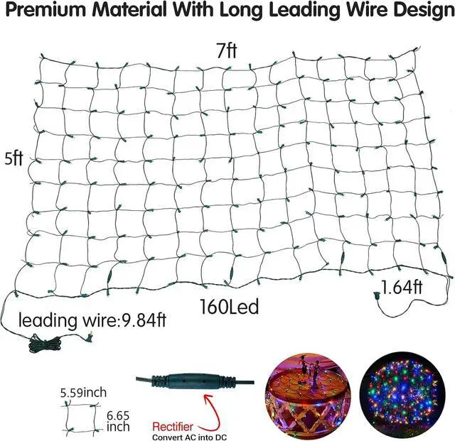 Alt view image 6 of 7 - Dirnun Led Christmas Net Lights Outdoor Christmas Lights Multicolor 160LED 5ftx7ft, Waterproof Outdoor Indoor Fairy Mesh Net Light for Xmas Party, Yard, Patio, Trees, Shrubs, Bushes Decorations