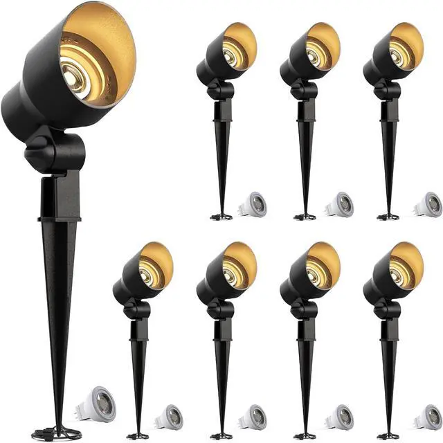 Main image of GOODSMANN Low Voltage Landscape Flood Lights 8PK Kit 3W LED 200 Lumen Outdoor Spotlights 3000K Warm White Replaceable LED Outside Hardwired Lighting with Metal Stakes Cable Connectors Replaceable