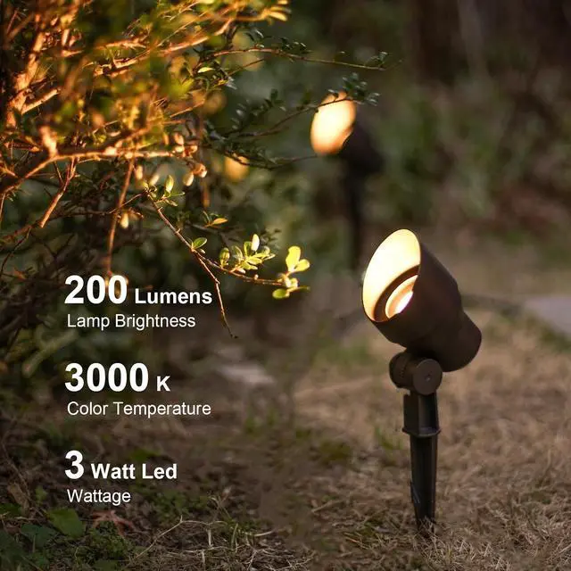 Alt view image 2 of 7 - GOODSMANN Low Voltage Landscape Flood Lights 8PK Kit 3W LED 200 Lumen Outdoor Spotlights 3000K Warm White Replaceable LED Outside Hardwired Lighting with Metal Stakes Cable Connectors Replaceable
