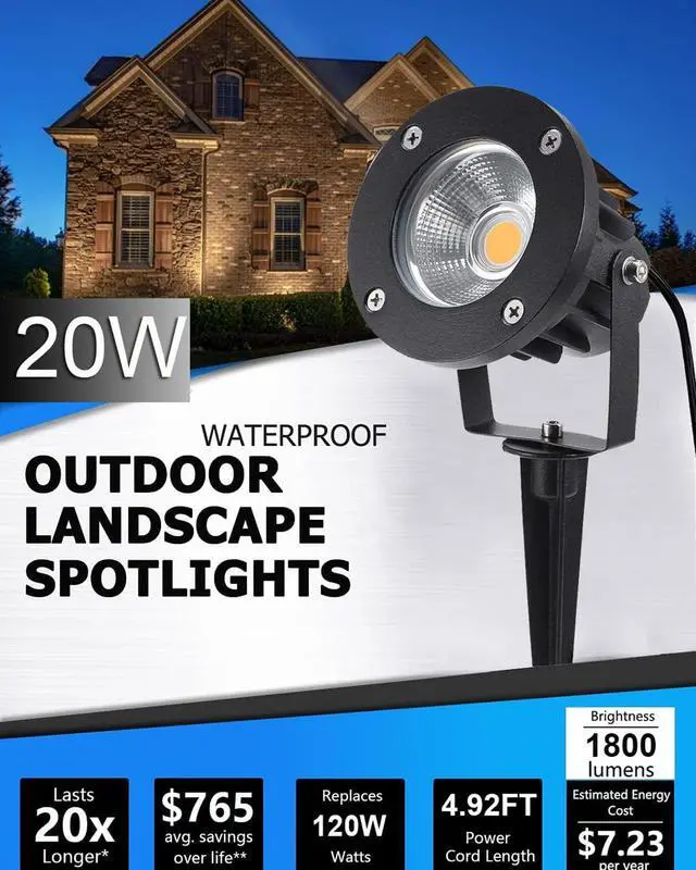 Alt view image 2 of 6 - 20W LED Landscape Lighting Outdoor Spotlight 120V AC Waterproof Yard Spot Lights Outdoor with Stake for Tree Flag Lights 3000K Warm White Lawn Decorative Lamp with US 3-Plug in (2 Pack)