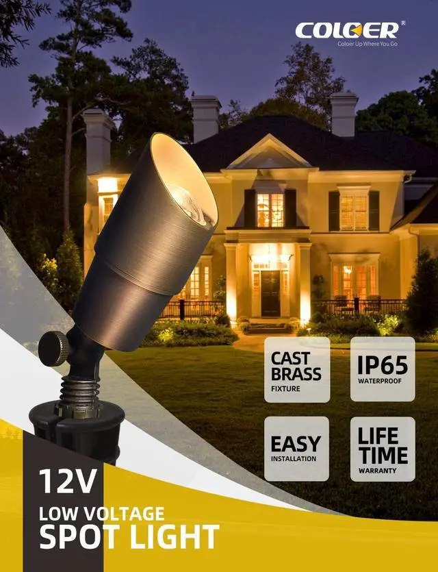 Alt view image 2 of 7 - COLOER Die-cast Brass Low Voltage Spotlight 1-Pack with 5W Aluminum Housing MR16 LED Bulb 2700K 450LM CRI85+,12V AC/DC Outdoor Landscape Lighting, Directional Garden Patio Spot Up Light(101B)
