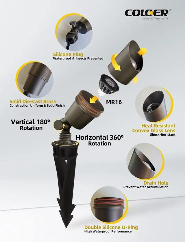 Alt view image 3 of 7 - COLOER Die-cast Brass Low Voltage Spotlight 1-Pack with 5W Aluminum Housing MR16 LED Bulb 2700K 450LM CRI85+,12V AC/DC Outdoor Landscape Lighting, Directional Garden Patio Spot Up Light(101B)