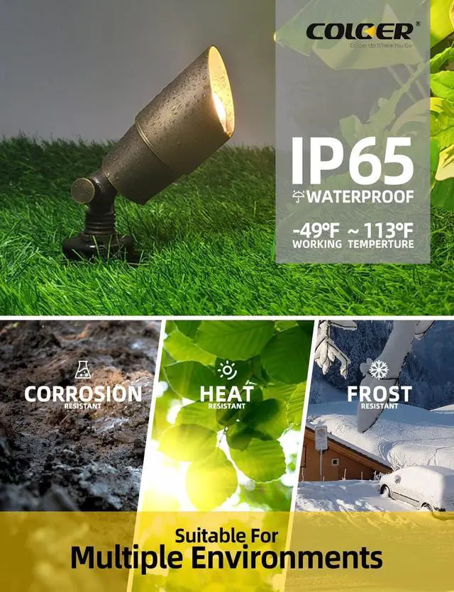Alt view image 5 of 7 - COLOER Die-cast Brass Low Voltage Spotlight 1-Pack with 5W Aluminum Housing MR16 LED Bulb 2700K 450LM CRI85+,12V AC/DC Outdoor Landscape Lighting, Directional Garden Patio Spot Up Light(101B)