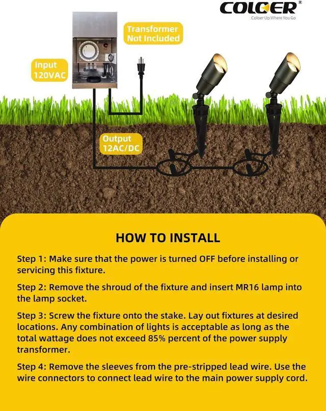Alt view image 6 of 7 - COLOER Die-cast Brass Low Voltage Spotlight 1-Pack with 5W Aluminum Housing MR16 LED Bulb 2700K 450LM CRI85+,12V AC/DC Outdoor Landscape Lighting, Directional Garden Patio Spot Up Light(101B)