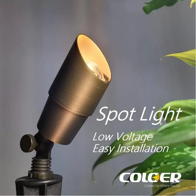 Alt view image 7 of 7 - COLOER Die-cast Brass Low Voltage Spotlight 1-Pack with 5W Aluminum Housing MR16 LED Bulb 2700K 450LM CRI85+,12V AC/DC Outdoor Landscape Lighting, Directional Garden Patio Spot Up Light(101B)
