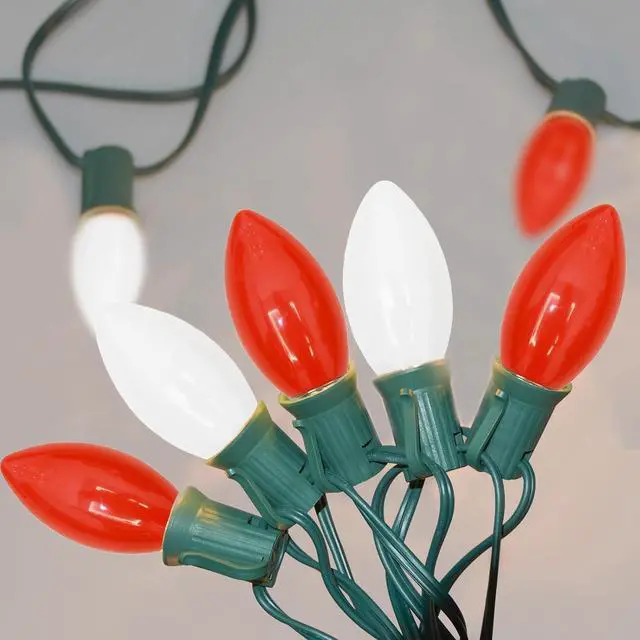 Main image of SUNSGNE C9 LED Christmas Lights Outdoor, 25ft Vintage Christmas Lights with 27 LED Red White Plastic Bulbs(2 Spare) for Patio Home House Balcony Xmas Decor, Green Wire