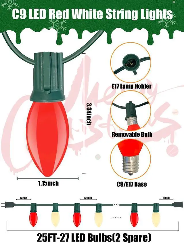 Alt view image 2 of 7 - SUNSGNE C9 LED Christmas Lights Outdoor, 25ft Vintage Christmas Lights with 27 LED Red White Plastic Bulbs(2 Spare) for Patio Home House Balcony Xmas Decor, Green Wire