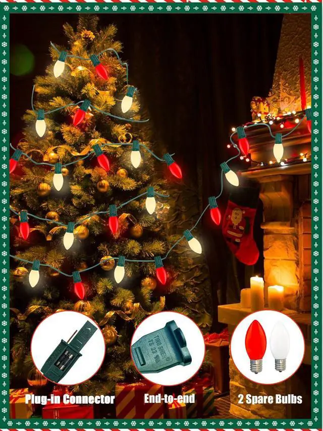 Alt view image 5 of 7 - SUNSGNE C9 LED Christmas Lights Outdoor, 25ft Vintage Christmas Lights with 27 LED Red White Plastic Bulbs(2 Spare) for Patio Home House Balcony Xmas Decor, Green Wire