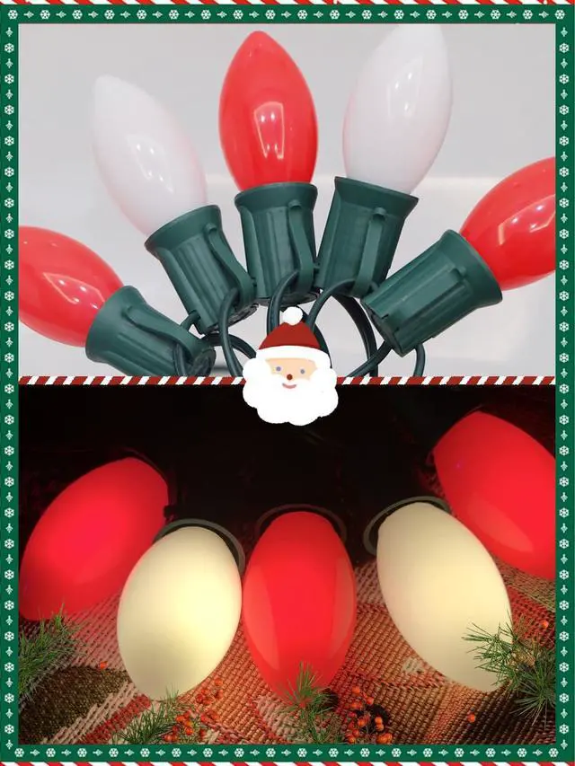 Alt view image 6 of 7 - SUNSGNE C9 LED Christmas Lights Outdoor, 25ft Vintage Christmas Lights with 27 LED Red White Plastic Bulbs(2 Spare) for Patio Home House Balcony Xmas Decor, Green Wire