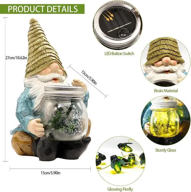 Alt view image 3 of 7 - Solar Firefly Jar Gnome Resin LED Garden Statue | Waterproof hand-painted resin; flickering firefly LED lights; holiday gift for women mom grandma