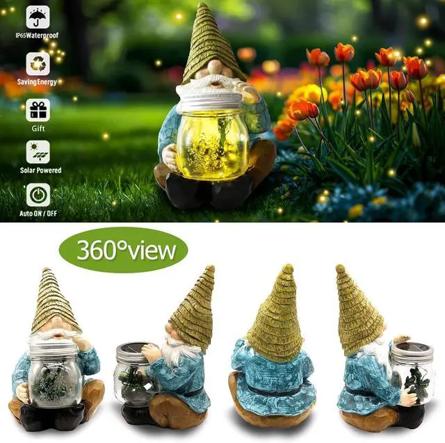 Alt view image 4 of 7 - Solar Firefly Jar Gnome Resin LED Garden Statue | Waterproof hand-painted resin; flickering firefly LED lights; holiday gift for women mom grandma