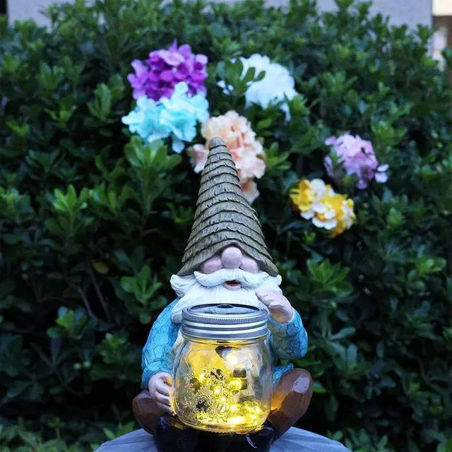 Alt view image 5 of 7 - Solar Firefly Jar Gnome Resin LED Garden Statue | Waterproof hand-painted resin; flickering firefly LED lights; holiday gift for women mom grandma