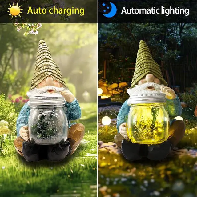 Alt view image 6 of 7 - Solar Firefly Jar Gnome Resin LED Garden Statue | Waterproof hand-painted resin; flickering firefly LED lights; holiday gift for women mom grandma