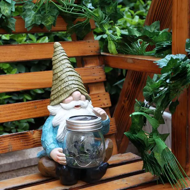 Alt view image 7 of 7 - Solar Firefly Jar Gnome Resin LED Garden Statue | Waterproof hand-painted resin; flickering firefly LED lights; holiday gift for women mom grandma