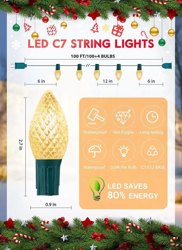 Alt view image 3 of 7 - Brightown C7 LED Warm White Christmas Lights Outdoor, 100FT String with 100 Plastic Bulbs, Traditional Hanging Holiday Lights for Christmas Tree, Patio, Fence, Roofline Xmas Decorations