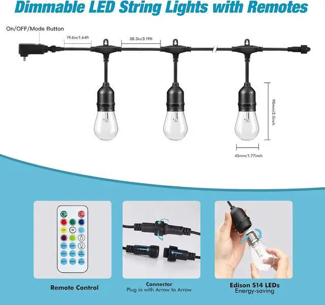 Alt view image 6 of 6 - 48FT RGB Outdoor String Lights, 15 Shatterproof Edison LED Bulbs, Waterproof Color Changing Patio Lights with Remote. Dimmable Decorative Lighting for Backyard, Camping.