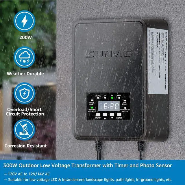 Alt view image 5 of 7 - SUNVIE 300W Low Voltage Transformer with Timer and Photocell Sensor Landscape Lighting Transformer Waterproof 120V to 12V/14V AC Outdoor Low Voltage Transformers for Landscape Pathway Lights Spotlight
