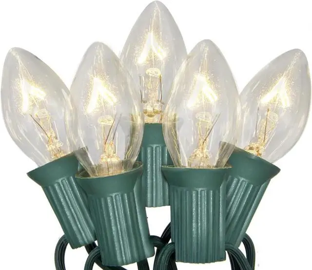 Main image of SUNSGNE C7 Christmas Lights, 25Ft Outdoor Christmas String Lights with 27 Clear Warm White Incandescent Bulbs, Xmas Vintage String Light for Patio, Cafe, Party Decor, Green Wire