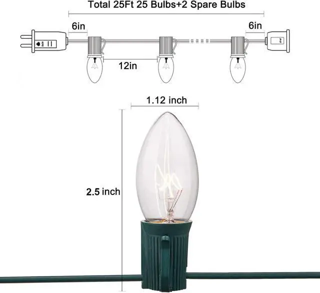 Alt view image 2 of 7 - SUNSGNE C7 Christmas Lights, 25Ft Outdoor Christmas String Lights with 27 Clear Warm White Incandescent Bulbs, Xmas Vintage String Light for Patio, Cafe, Party Decor, Green Wire