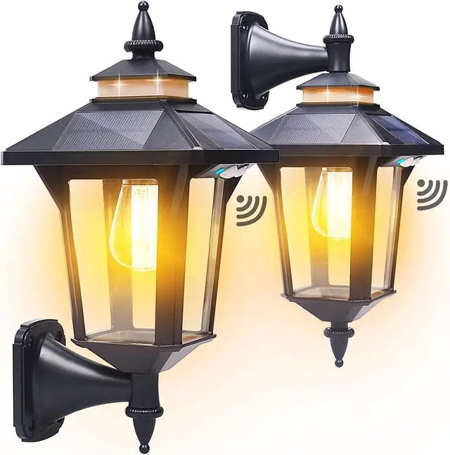 Main image of Solar Wall Lights Outdoor : Dusk to Dawn Solar Porch Ligh,3 Modes & Motion Sensor Waterproof Wall Sconce Lantern Lamp for Patio Garage Garden Barn Yard House, 2 Types of Wall Mount, 2 Pack