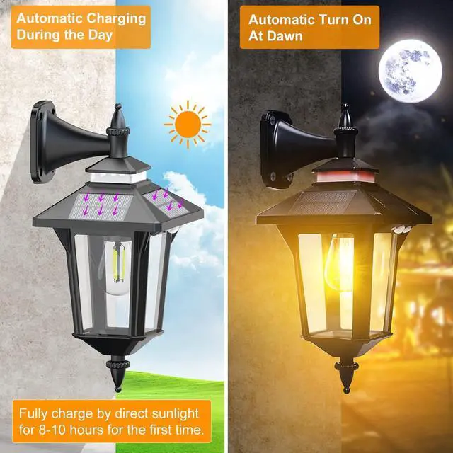 Alt view image 3 of 7 - Solar Wall Lights Outdoor : Dusk to Dawn Solar Porch Ligh,3 Modes & Motion Sensor Waterproof Wall Sconce Lantern Lamp for Patio Garage Garden Barn Yard House, 2 Types of Wall Mount, 2 Pack